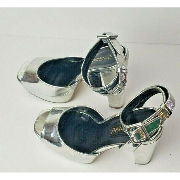 Tulipano Italian Silver Platform Block Heel Sz 8.5 - Picture 5 of 11
